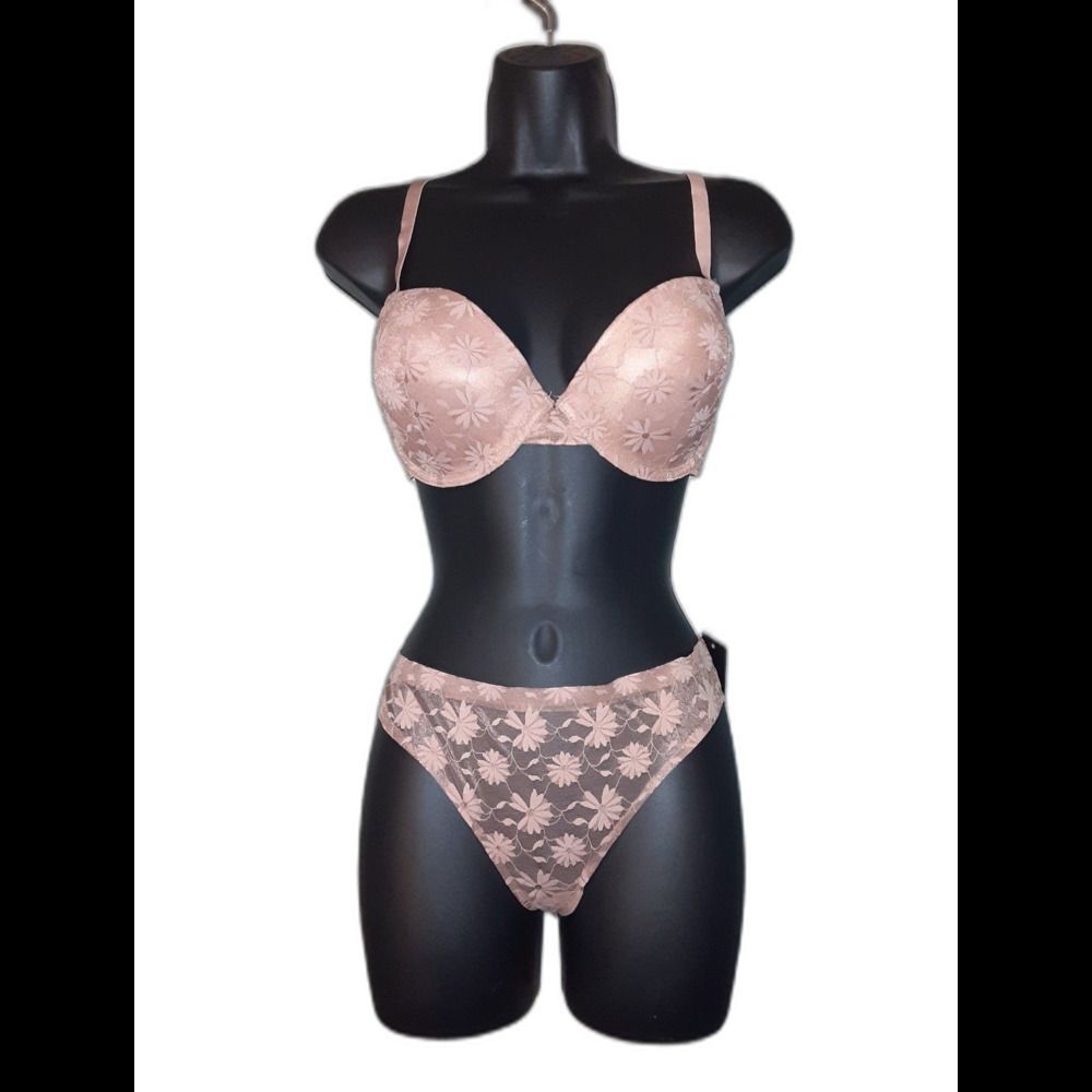 Youmita 38C Cafe Creme Floral Lace Push-Up Bra & XL Seamless Lace Panty NWT
